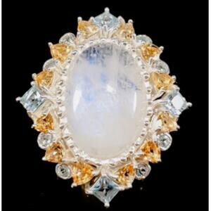 27 ct Rainbow Moonstone Sunburst Ring, Citrine Topaz Halo, Sterling Silver